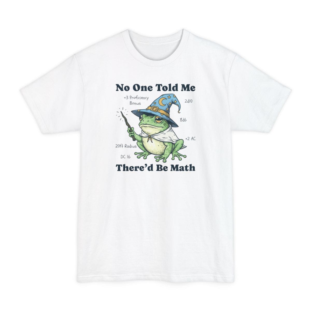 The same No One Told Me There'd Be Math frog design, on a white tall t-shirt.