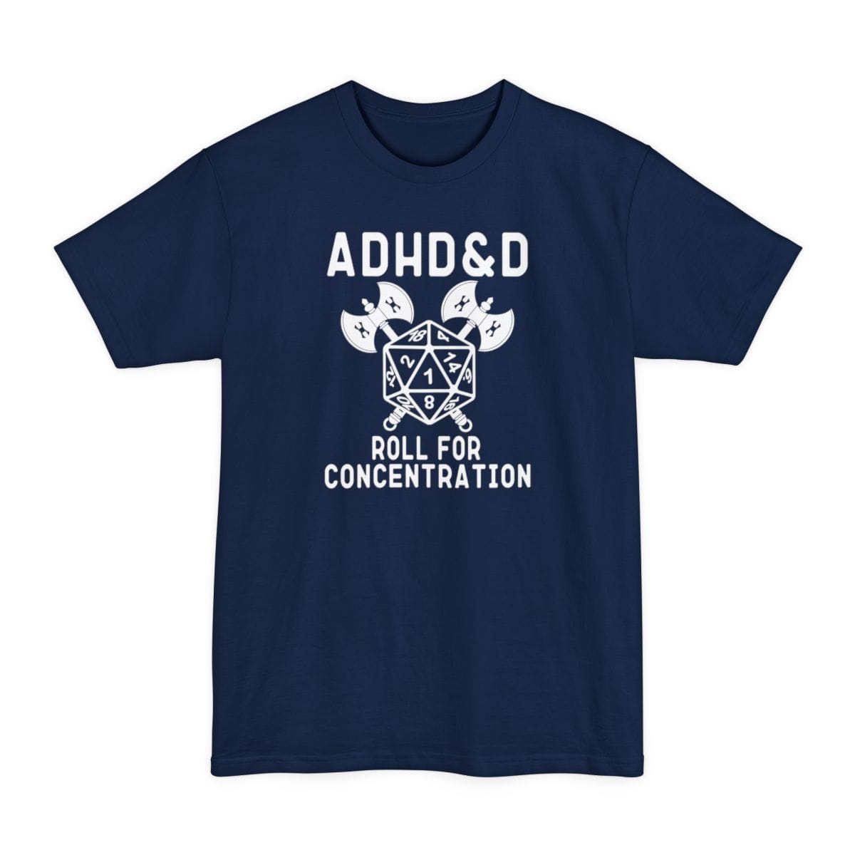 The same ADHD and D design, on a navy tall t-shirt.