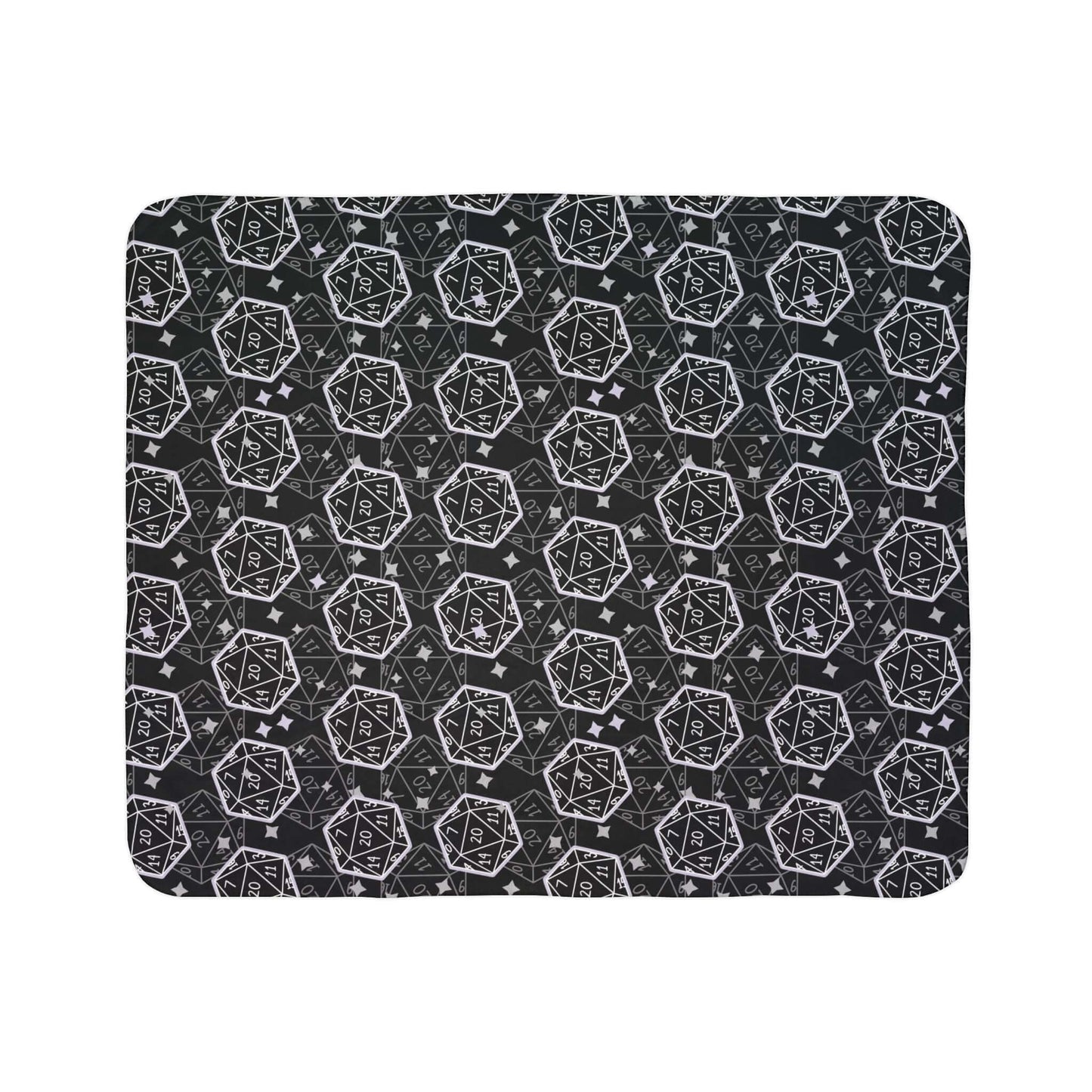 D&D Sherpa Fleece Blanket with B&W Dice Pattern Size: 50" × 60" Underside Color: Grey