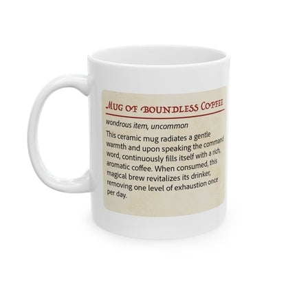 A white ceramic coffee mug with a printed beige label that reads 'Mug of Boundless Coffee' in red and black text, shown on a clean white background.