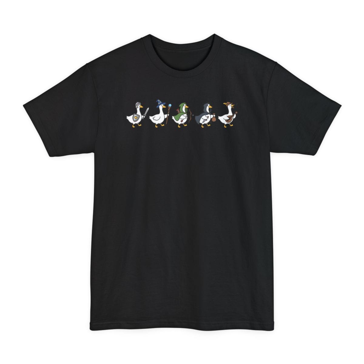 Black tall t-shirt. Five white cartoon geese walk in a row across the top of the design, each kitted out as an adventurer: a knight in a steel helm with sword and shield, a wizard in a starry blue hat with a staff, a ranger in a green hood with a bow and quiver, a rogue in a dark cloak with a dagger and a coin purse, and a bard in a feathered hat playing a lute. Simple clean cartoon style. No words at all.