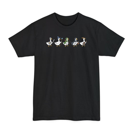 Black tall t-shirt. Five white cartoon geese walk in a row across the top of the design, each kitted out as an adventurer: a knight in a steel helm with sword and shield, a wizard in a starry blue hat with a staff, a ranger in a green hood with a bow and quiver, a rogue in a dark cloak with a dagger and a coin purse, and a bard in a feathered hat playing a lute. Simple clean cartoon style. No words at all.