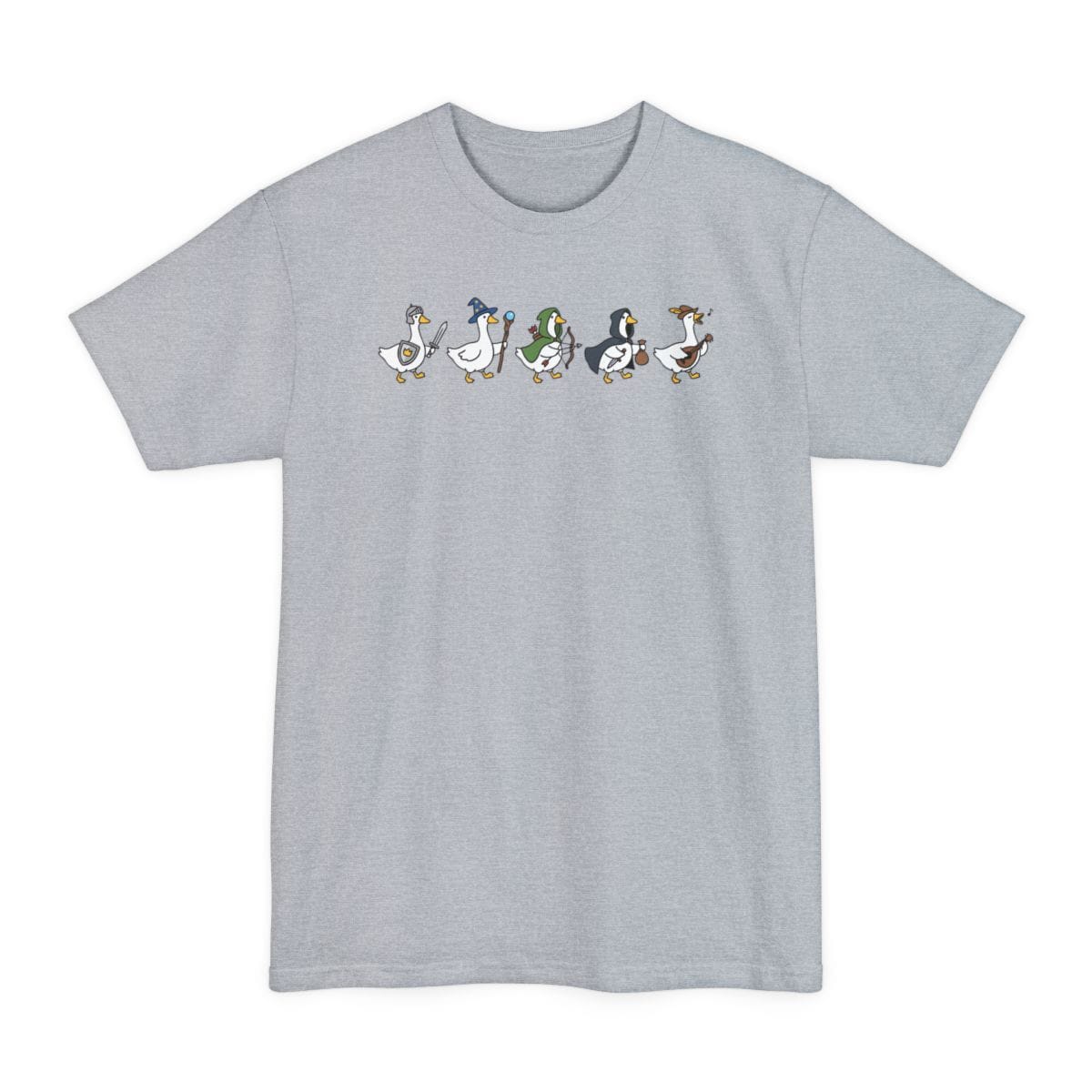 The same Silly Goose Adventurers design, on a light steel tall t-shirt.