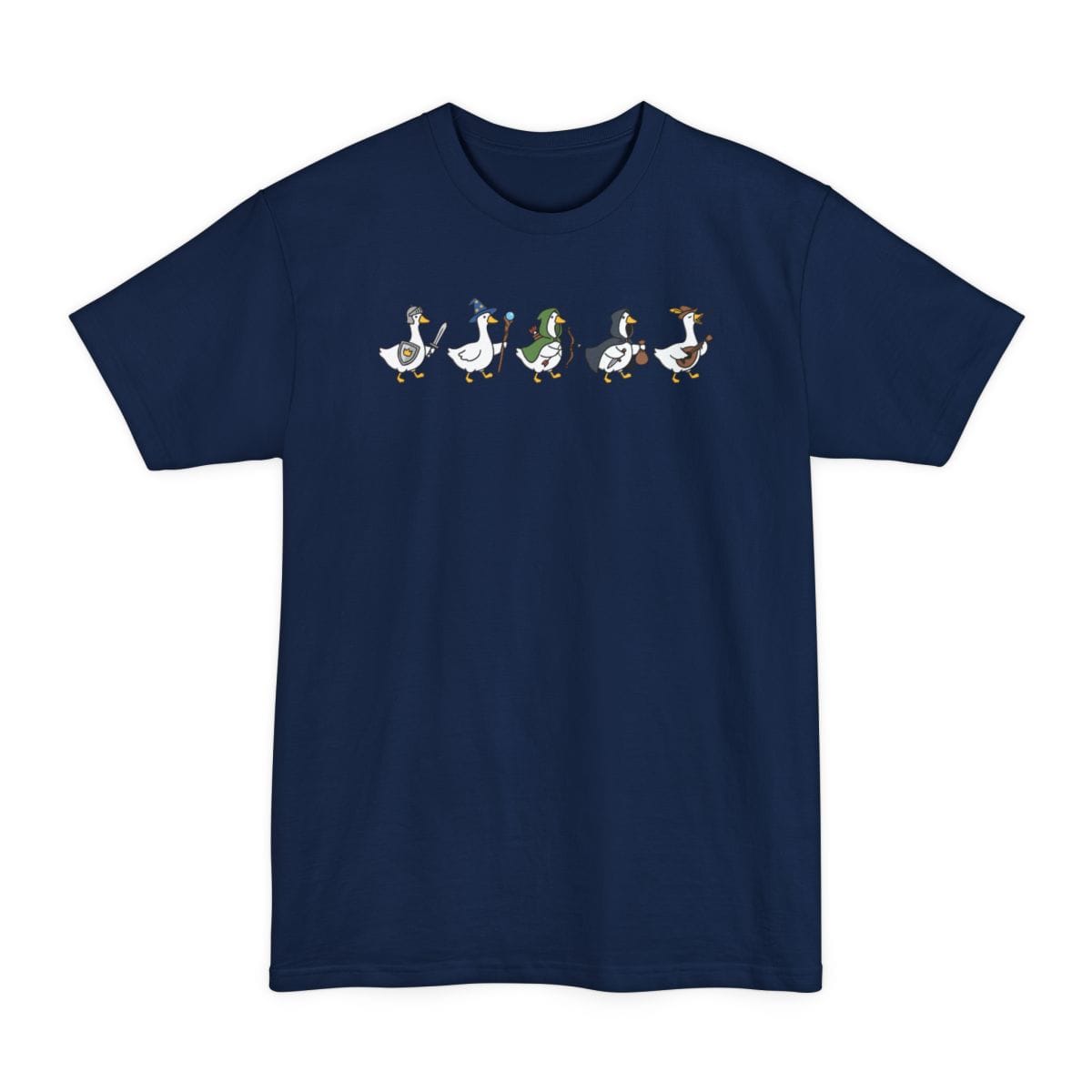 The same Silly Goose Adventurers design, on a navy tall t-shirt.