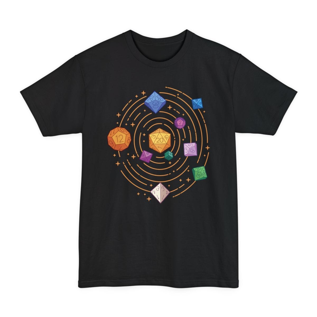 Black tall t-shirt. A solar system built out of dice. A large gold twenty-sided die sits at the center like a sun, with thin orange orbit rings circling it and smaller dice riding those orbits, a blue one, a pink one, a green one, a purple one and a pale one, each a different shape. Four-pointed sparkles are scattered across the background.
