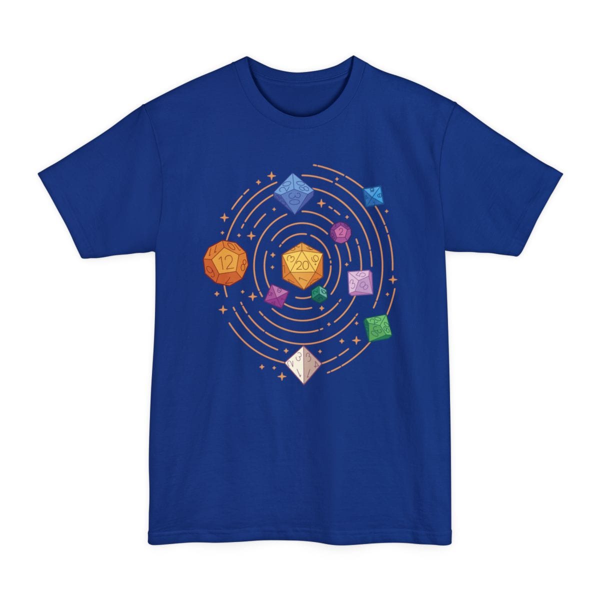 The same Space Dice solar system design, on a deep royal tall t-shirt.