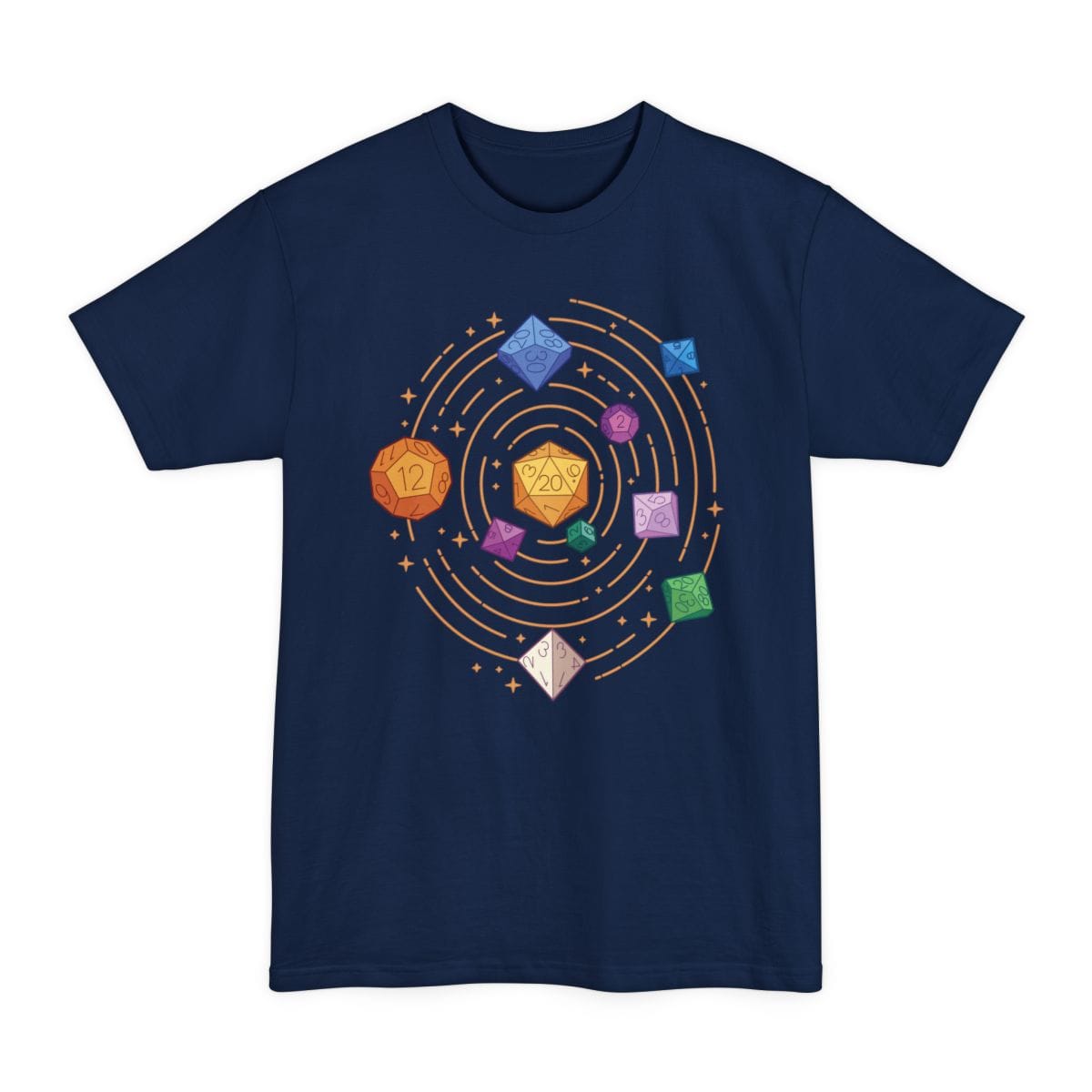 The same Space Dice solar system design, on a navy tall t-shirt.