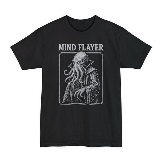 Black tall t-shirt. Reads "Mind Flayer" in tall gray capitals across the top. Below, inside a thin ruled frame, a mind flayer stands in a hooded robe with a bulbous head and four long tentacles hanging from its face. Finely engraved cross-hatched linework, all in pale gray and cream.