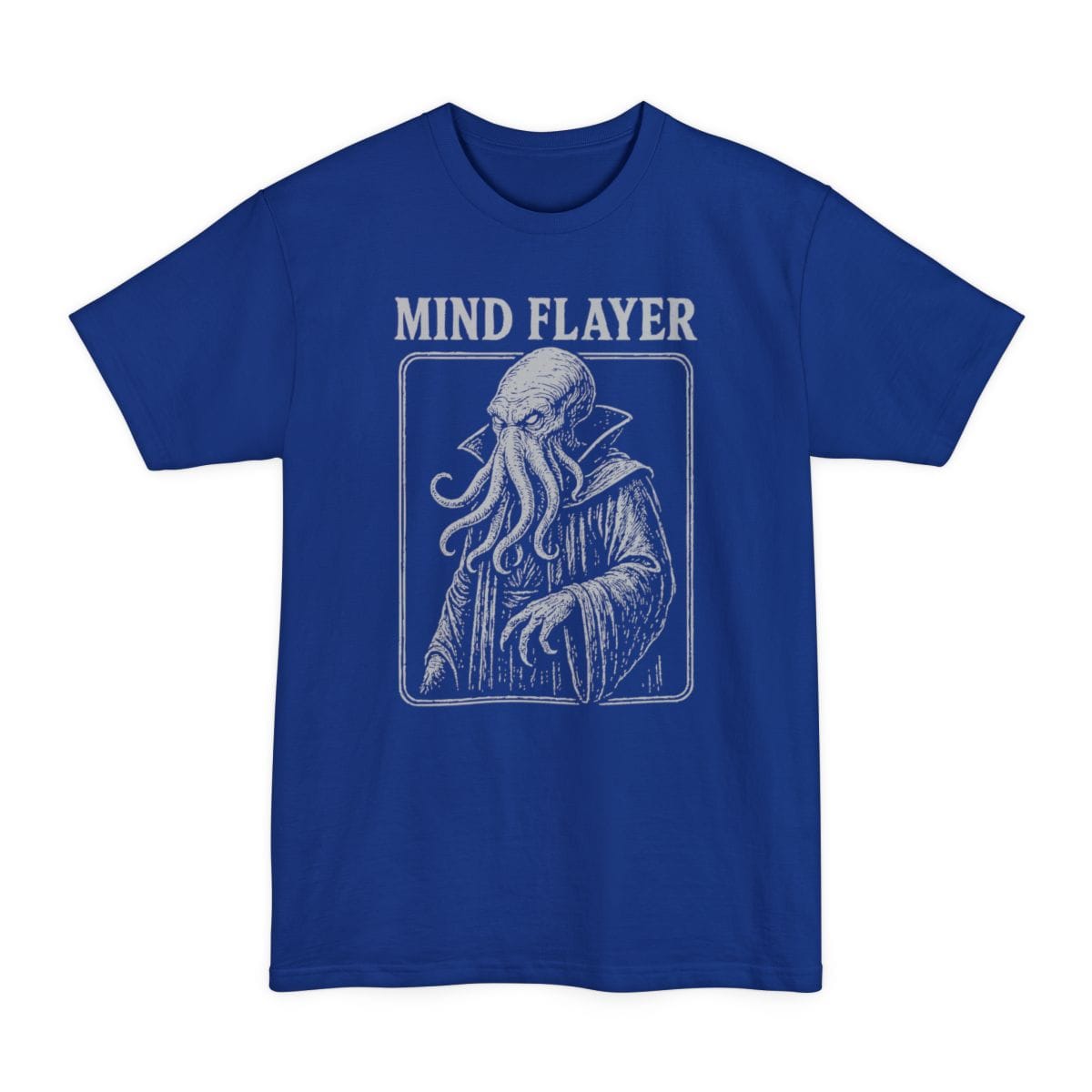 The same Vintage Mind Flayer design, on a deep royal tall t-shirt.