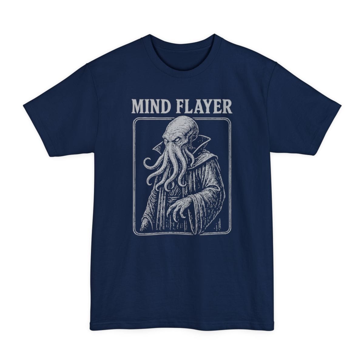 The same Vintage Mind Flayer design, on a navy tall t-shirt.