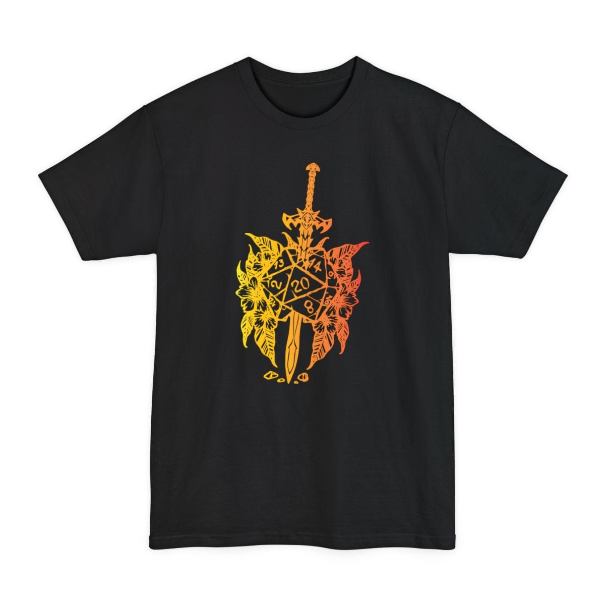 Black tall t-shirt. A long ornate sword stands point down through the middle of a large twenty-sided die, with flowers and leaves fanning out behind it on both sides and small dice at the base. Drawn as fine line work, all in warm gold and orange. No words.