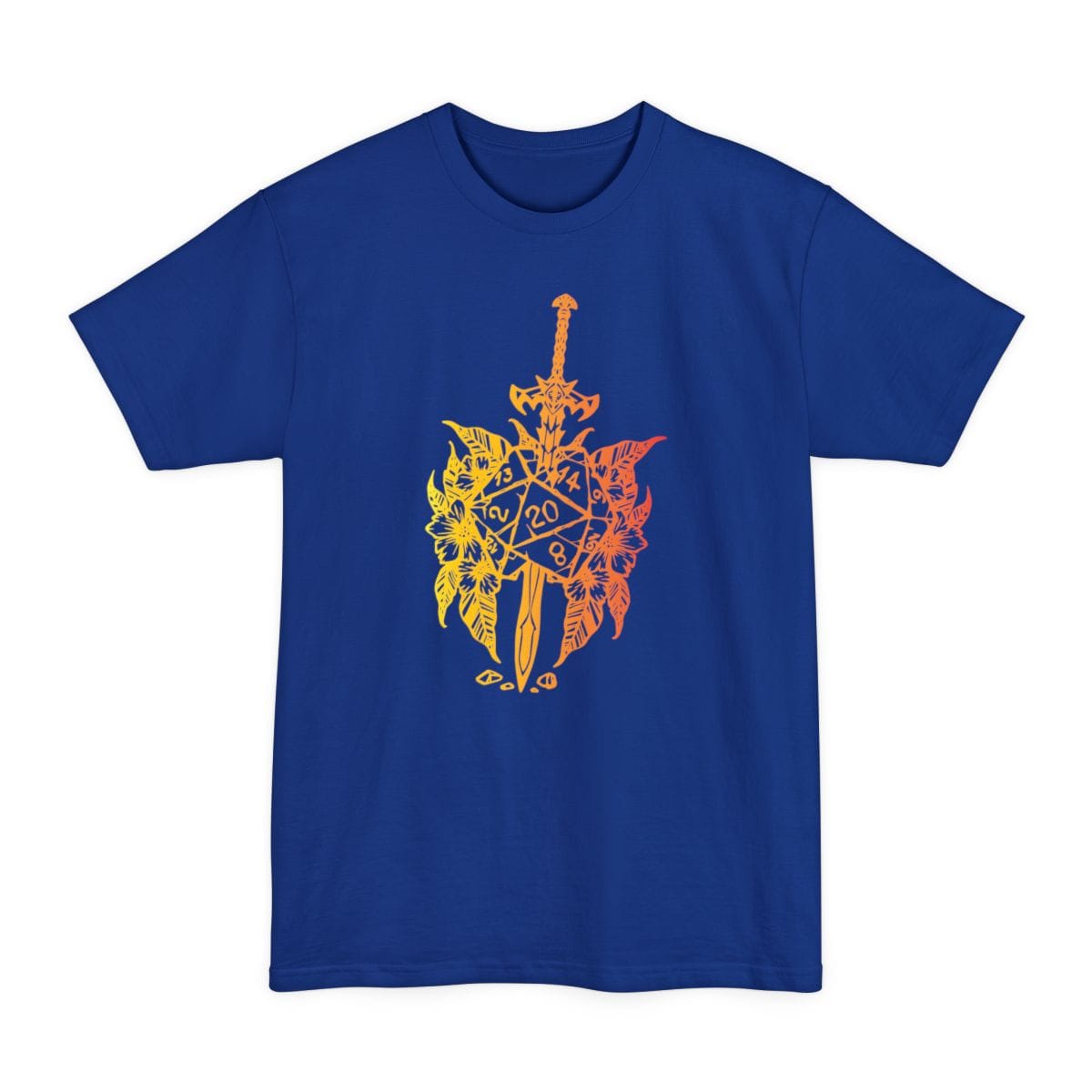 The same Sword and d20 with flowers design, on a deep royal tall t-shirt.