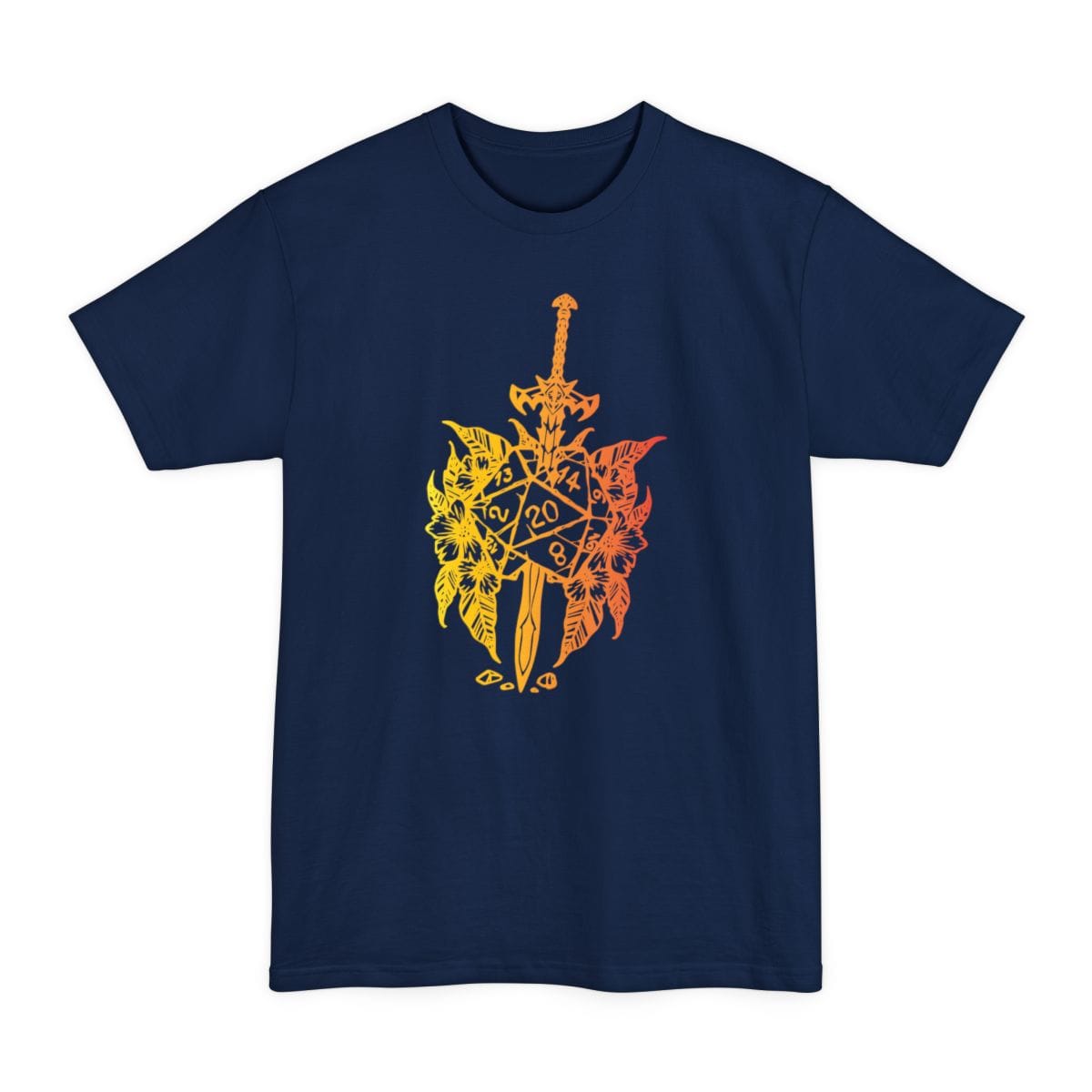 The same Sword and d20 with flowers design, on a navy tall t-shirt.