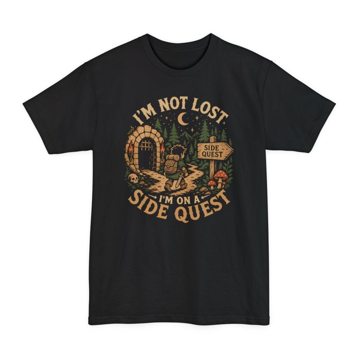 Black tall t-shirt. Reads "I'm not lost" curving across the top and "I'm on a side quest" across the bottom in gold capitals. Between them a hooded adventurer with a lantern walks a path away from a lit stone archway, past pines, red toadstools and a signpost reading "Side quest", under a crescent moon.