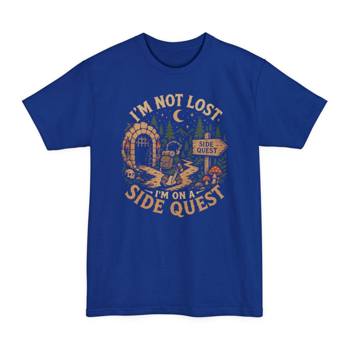 The same Side Quest dungeon scene design, on a deep royal tall t-shirt.