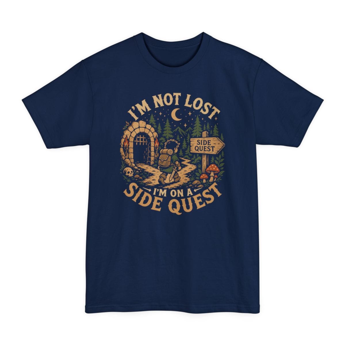 The same Side Quest dungeon scene design, on a navy tall t-shirt.