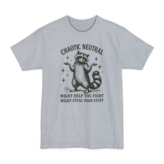 Light Steel tall t-shirt. Reads "Chaotic Neutral" curving across the top in dark green capitals. Below, a raccoon stands upright with both paws spread in a shrug, drawn in fine engraving lines and ringed with sparkles. At the bottom, "Might help you fight, might steal your stuff." One dark green ink.