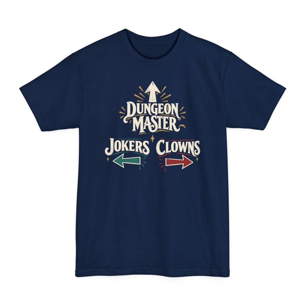 The same Dungeon Master Clowns and Jokers design, on a navy tall t-shirt.