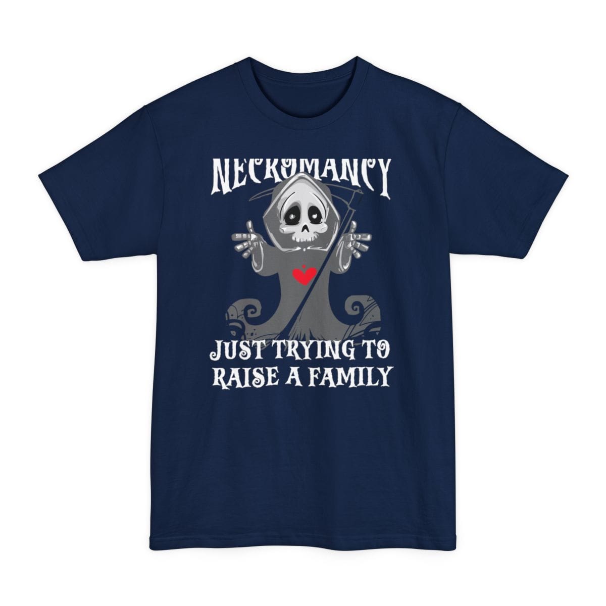 The same Necromancy reaper design, on a navy tall t-shirt.