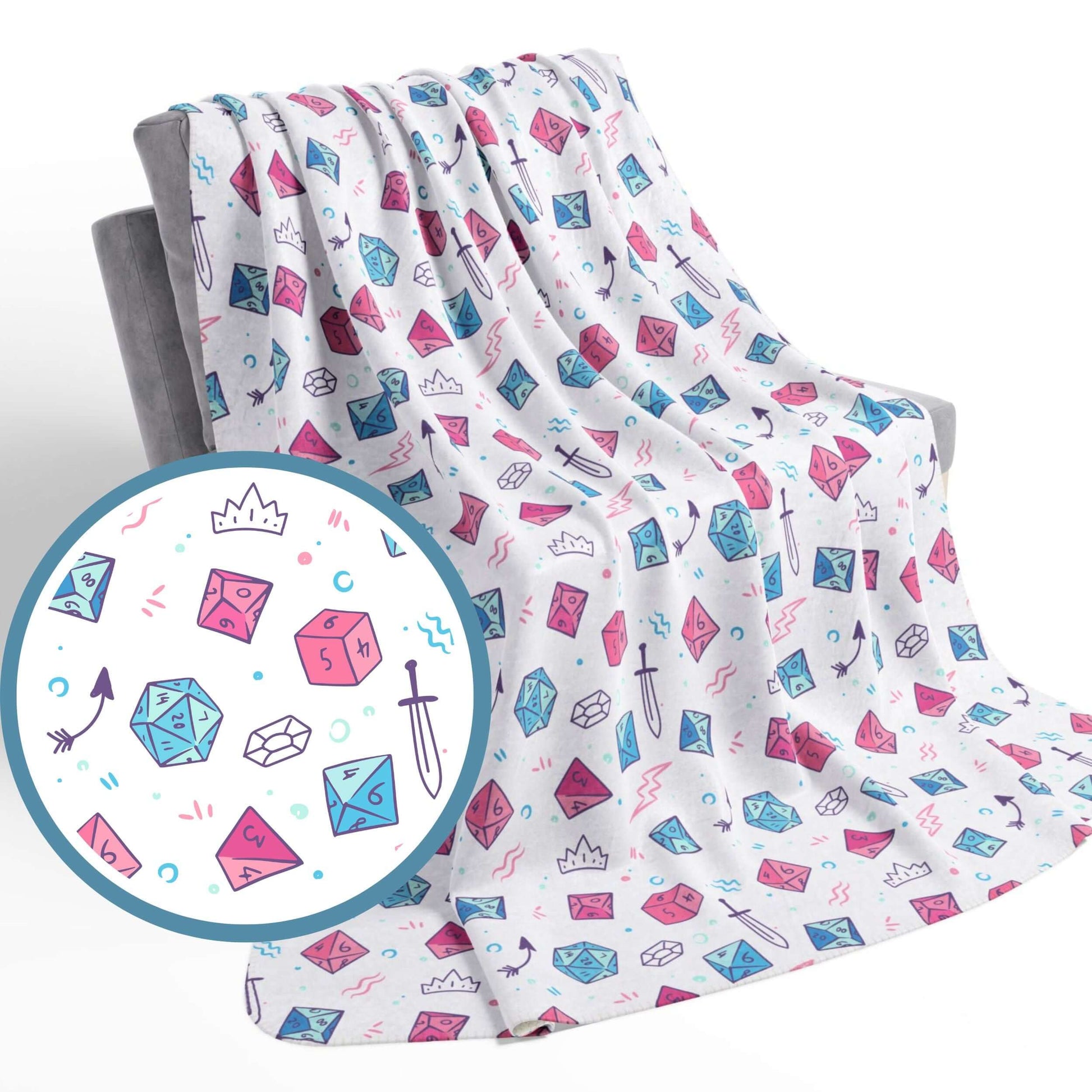 D&D Sherpa Fleece Blanket with Pastel Dice Pattern Size: 50" × 60" Underside Color: Beige