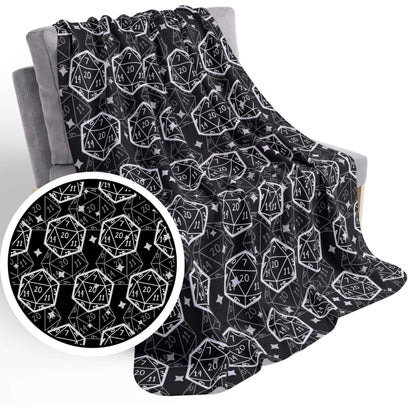 D&D Sherpa Fleece Blanket with B&W Dice Pattern Size: 50" × 60" Underside Color: Grey