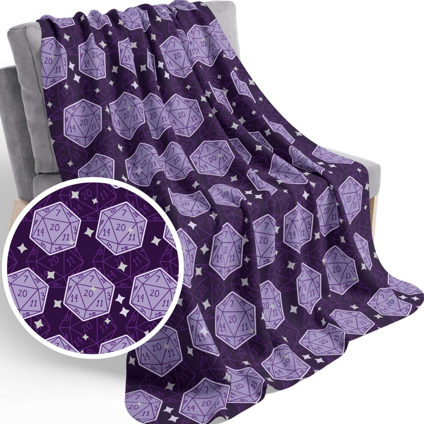 D&D Sherpa Fleece Blanket with Purple Dice Pattern Size: 50" × 60" Underside Color: Grey