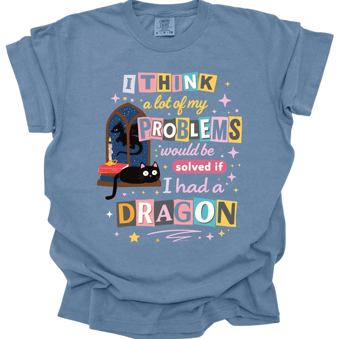The same A Lot Of My Problems Dragon design, on a blue jean t-shirt.