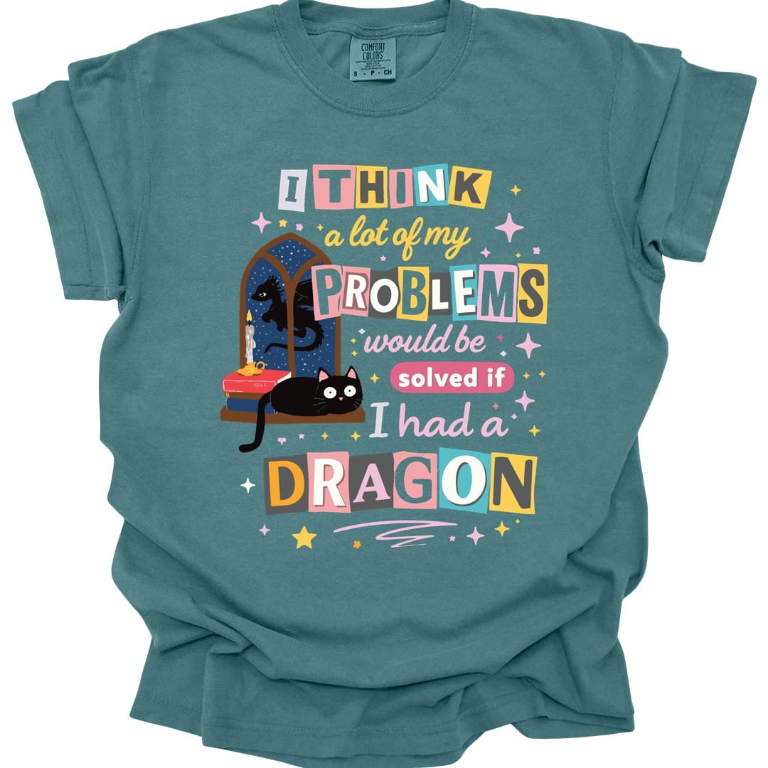 The same A Lot Of My Problems Dragon design, on a blue spruce t-shirt.