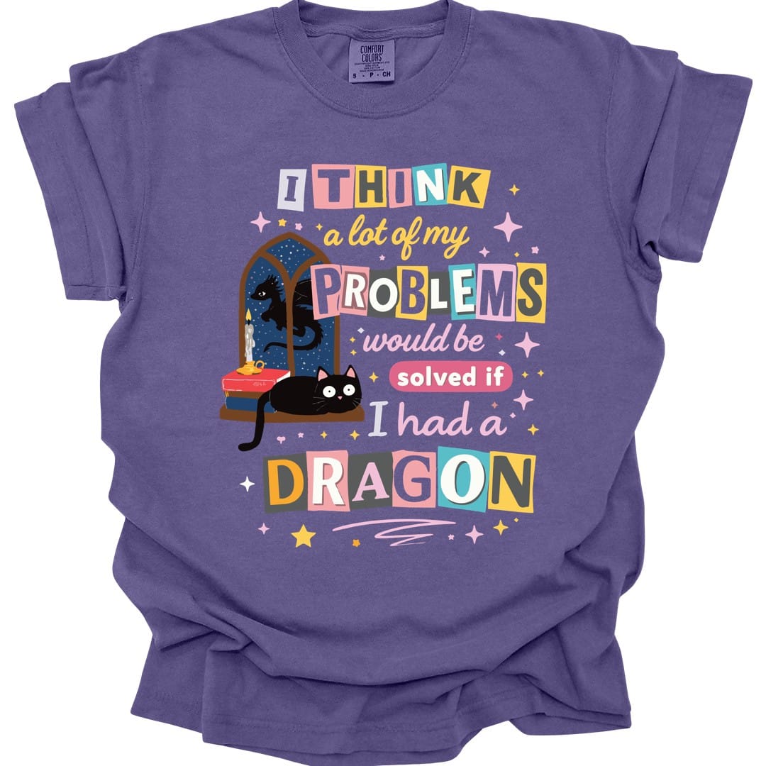The same A Lot Of My Problems Dragon design, on a grape t-shirt.