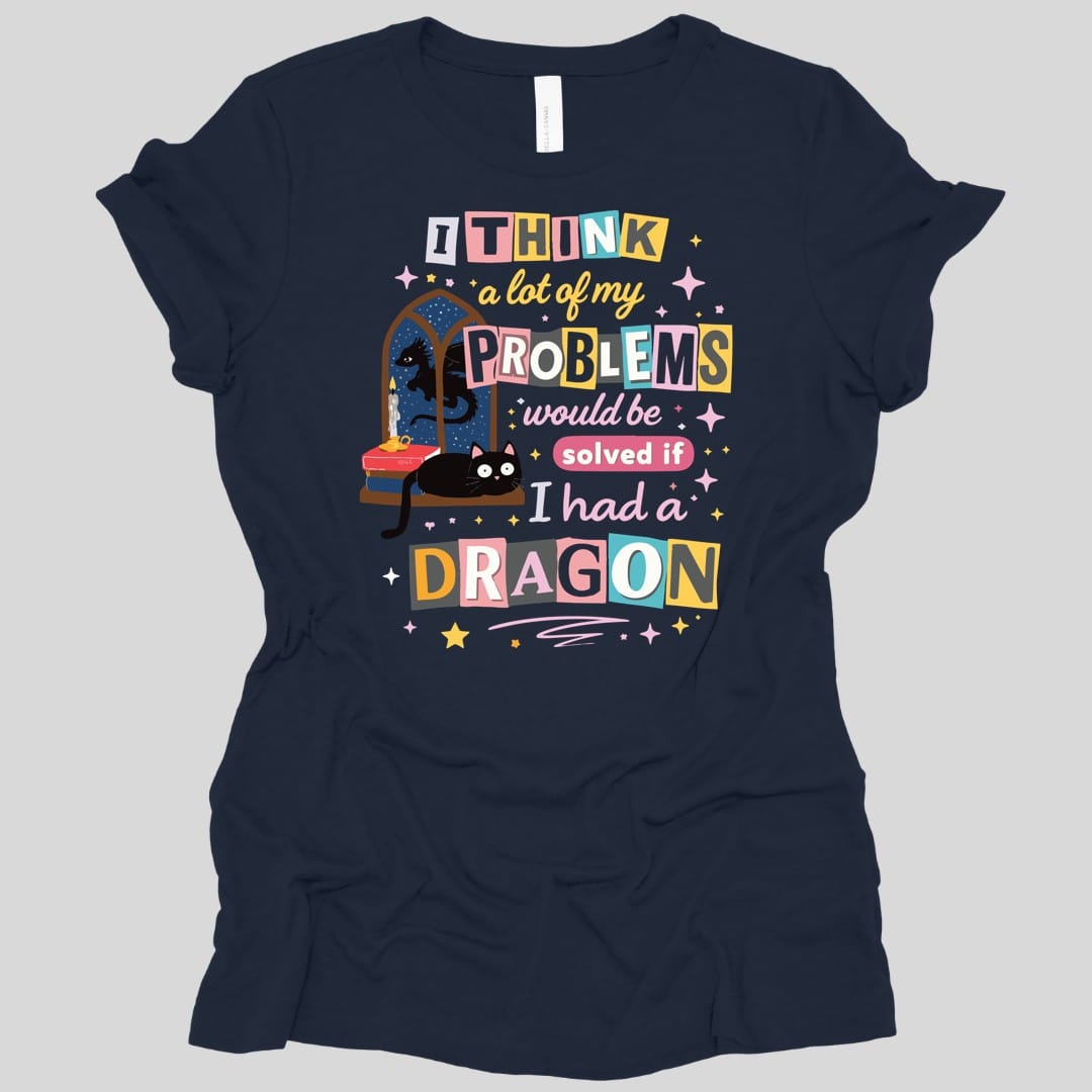 The same A Lot Of My Problems Dragon design, on a navy women's t-shirt.