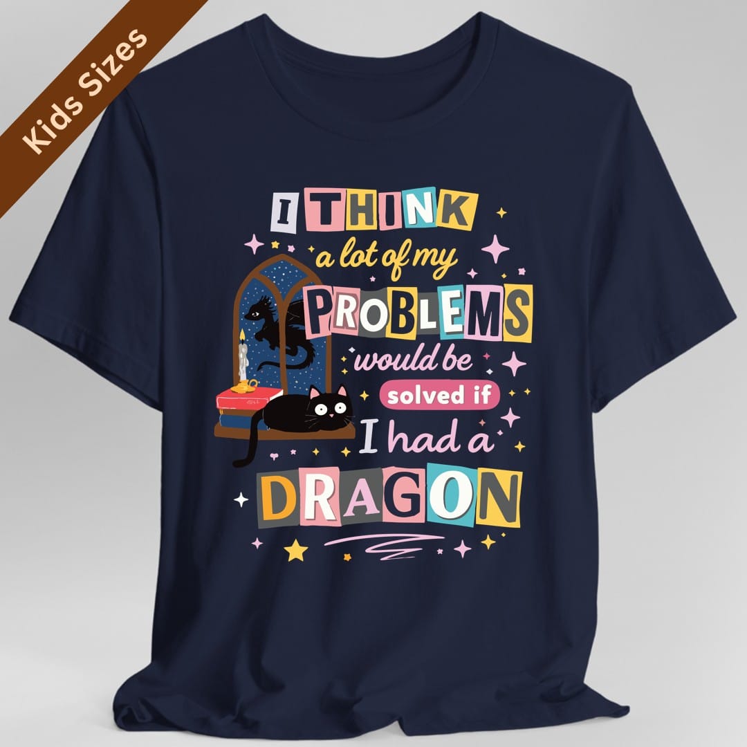 The same A Lot Of My Problems Dragon design, on a navy kids t-shirt.