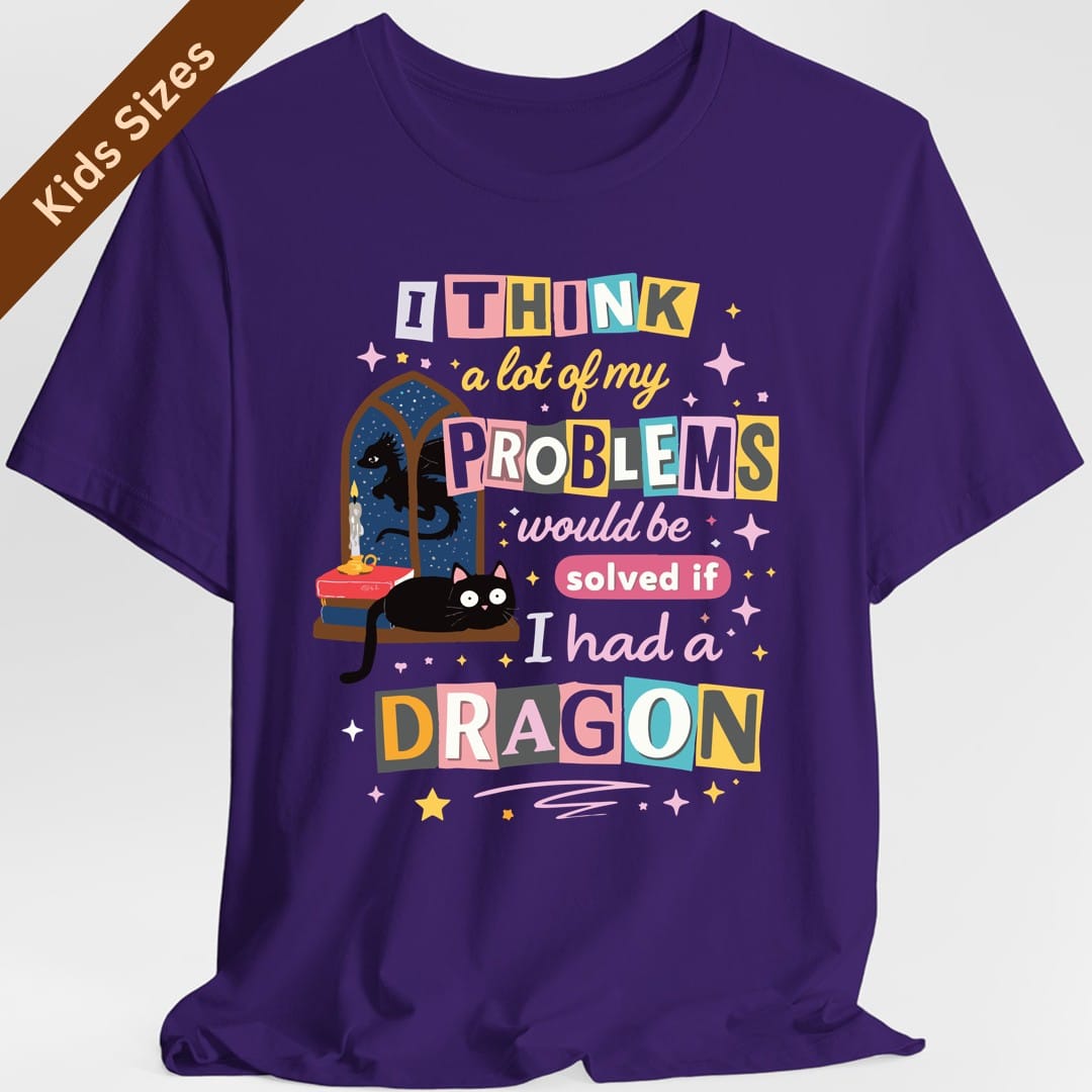 The same A Lot Of My Problems Dragon design, on a purple kids t-shirt.
