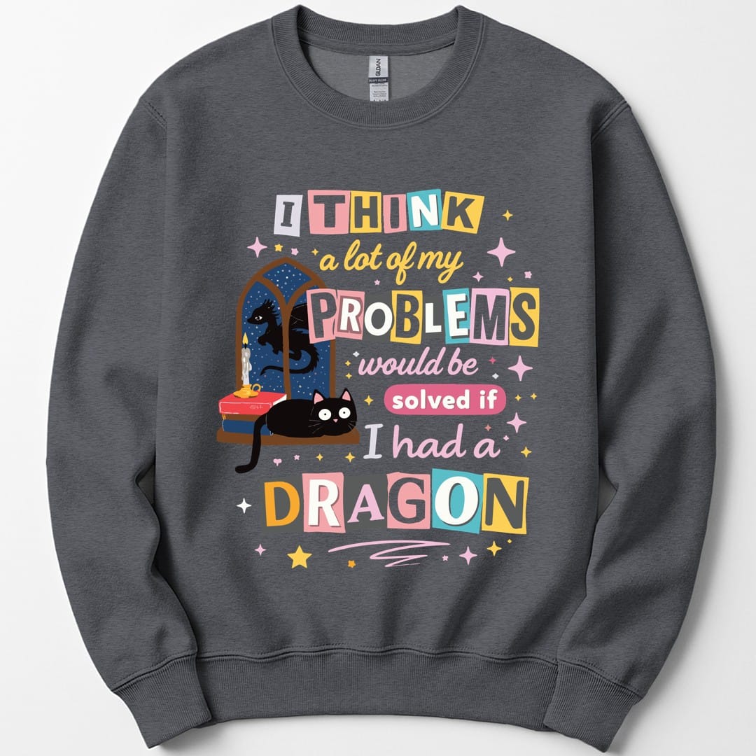 The same A Lot Of My Problems Dragon design, on a dark heather sweatshirt.