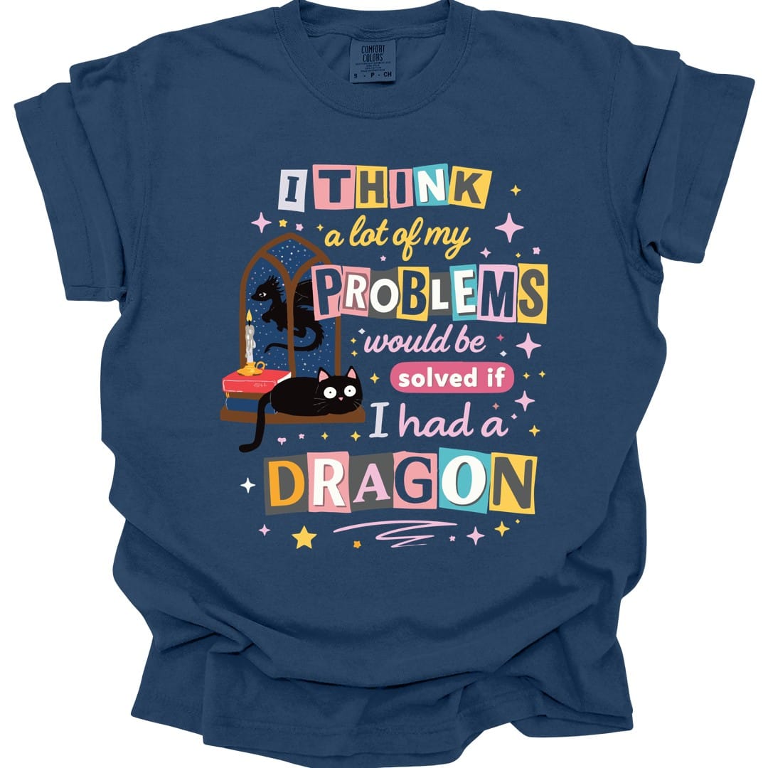 The same A Lot Of My Problems Dragon design, on a true navy t-shirt.