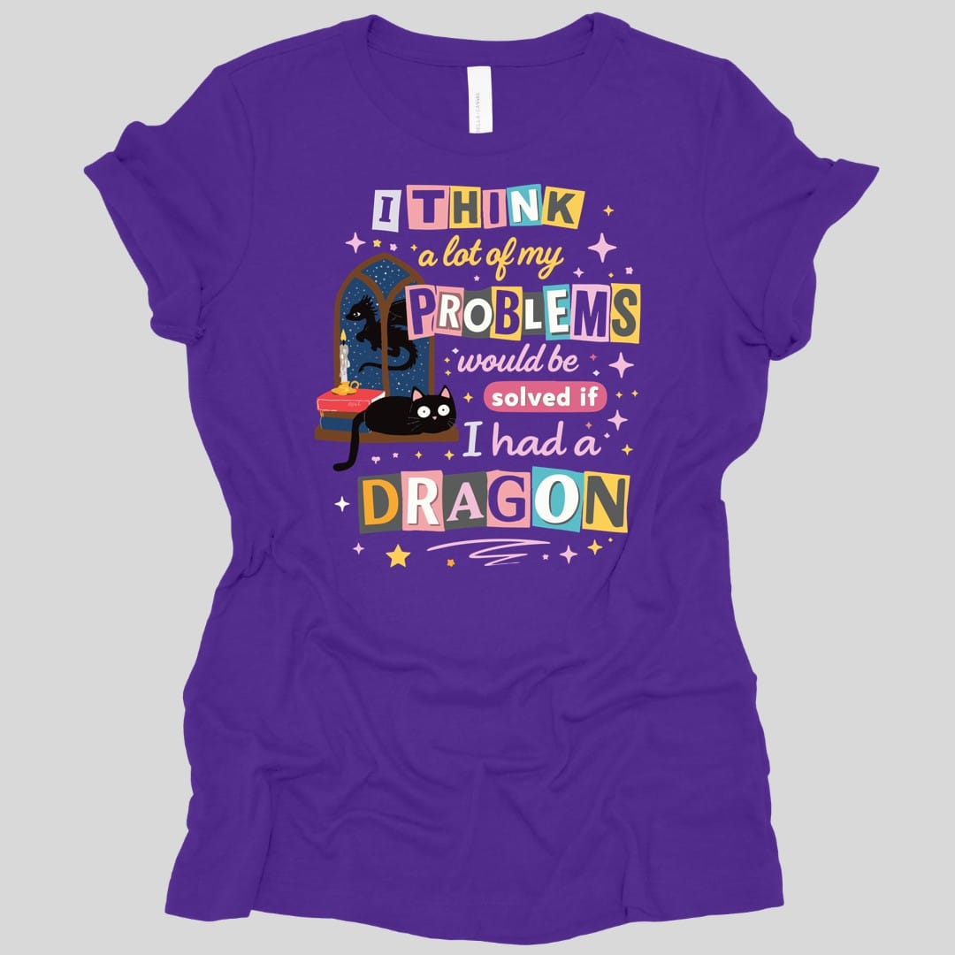 The same A Lot Of My Problems Dragon design, on a team purple women's t-shirt.