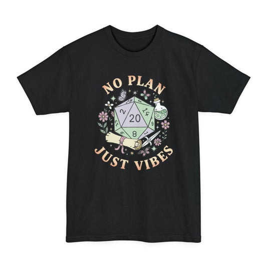 Black tall t-shirt. Reads "No Plan" curving across the top and "Just Vibes" curving across the bottom in peach lettering. In the middle sits a large twenty-sided die showing 20, its faces in soft sage green and lilac, ringed by pink cosmos flowers, leaves, butterflies, sparkles, a green potion bottle, a silver dagger and a scroll tied with a pink ribbon. Soft pastel cottagecore illustration.