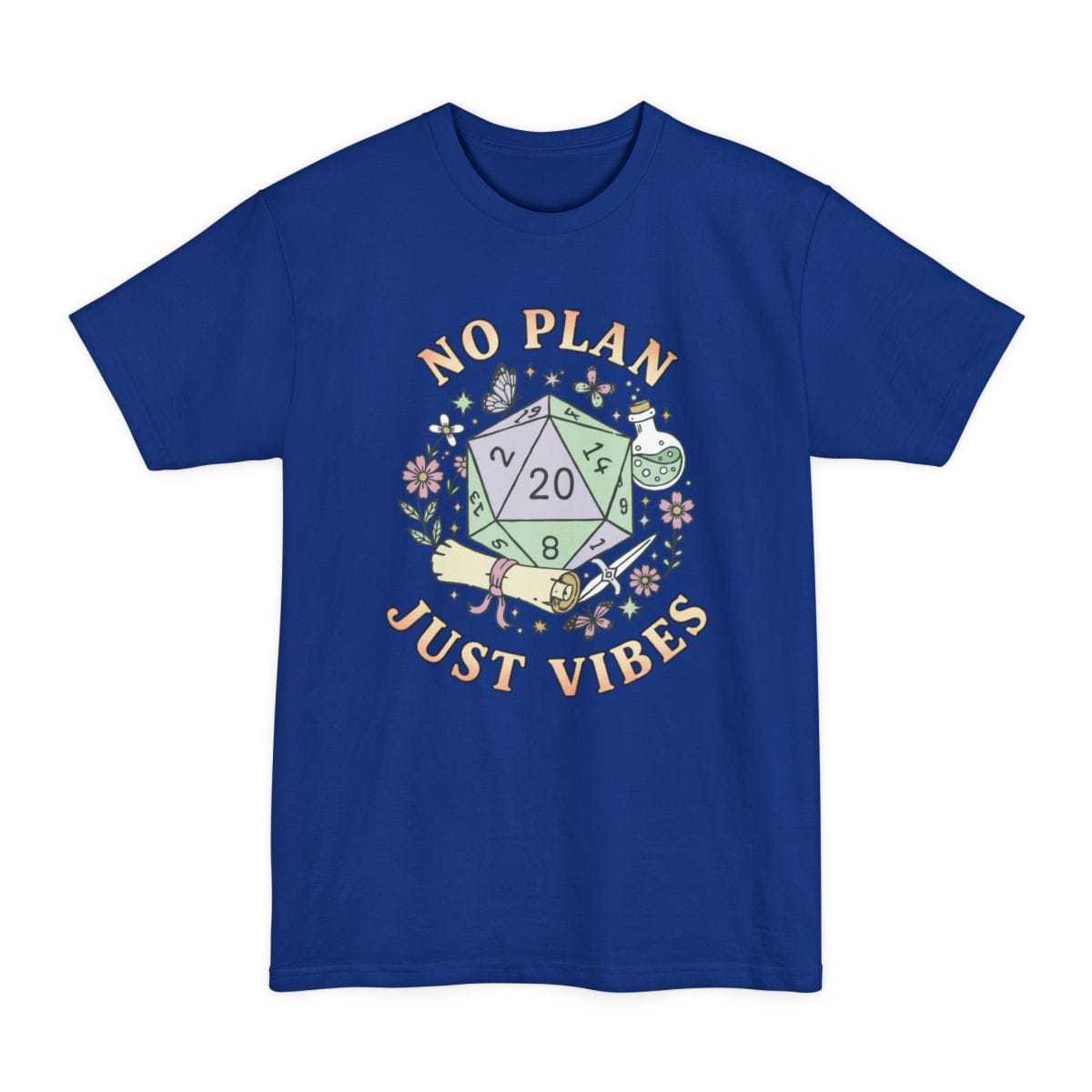 The same No Plan Just Vibes design, on a deep royal tall t-shirt.