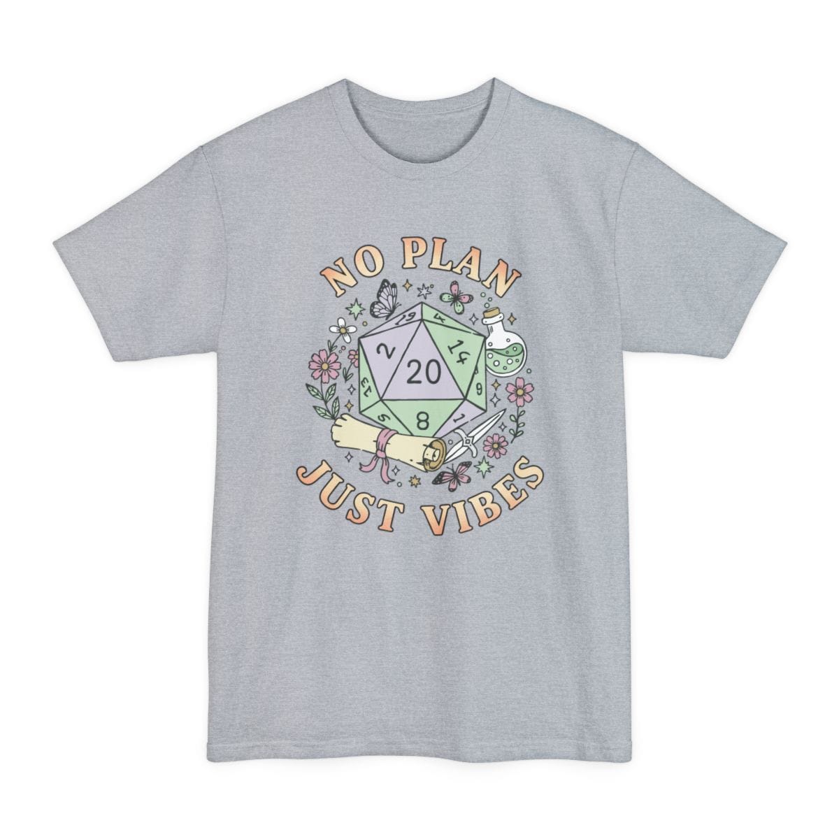 The same No Plan Just Vibes design, on a light steel tall t-shirt.