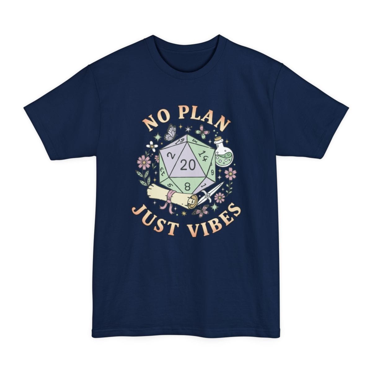 The same No Plan Just Vibes design, on a navy tall t-shirt.