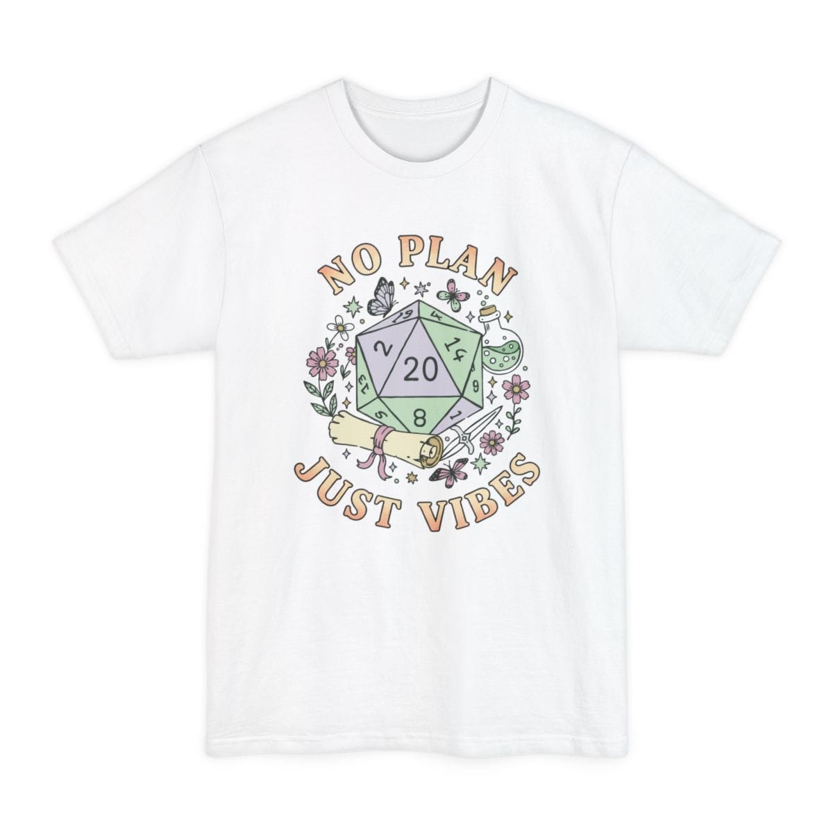 The same No Plan Just Vibes design, on a white tall t-shirt.