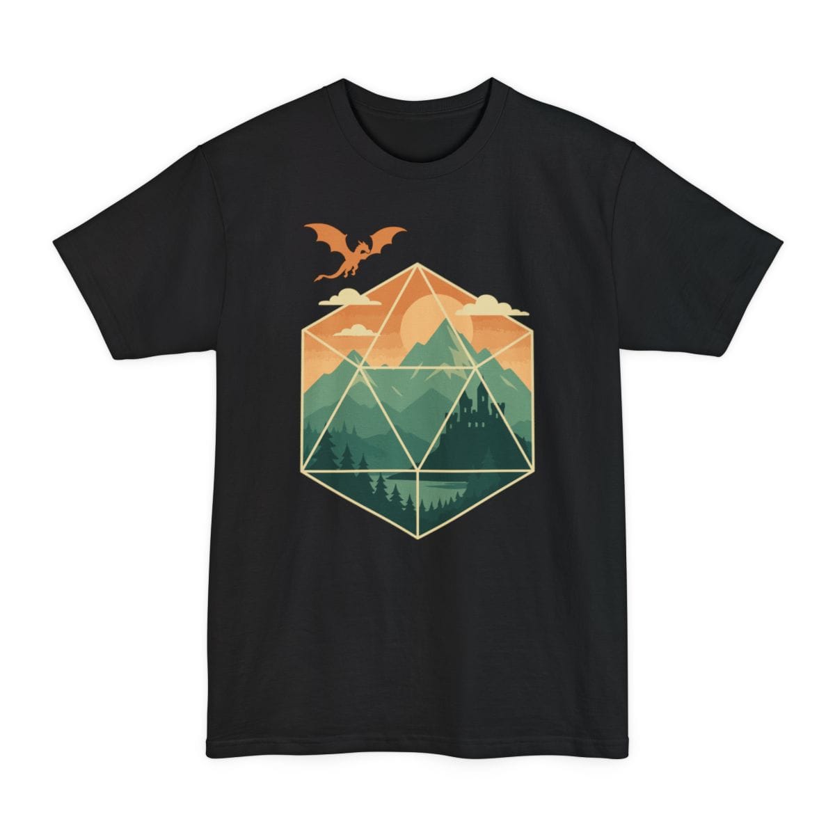 Black tall t-shirt. A large twenty-sided die outlined in gold, with a landscape filling it: layered green mountains, a pine forest and a lake, with a small castle on a hillside. An orange dragon flies above the die against a peach sky. Flat illustration in greens, gold and peach. No words.