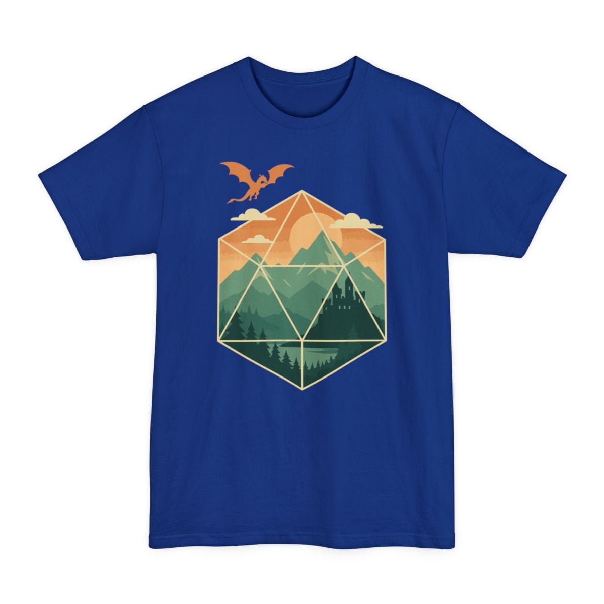 The same D20 mountain landscape, green design, on a deep royal tall t-shirt.