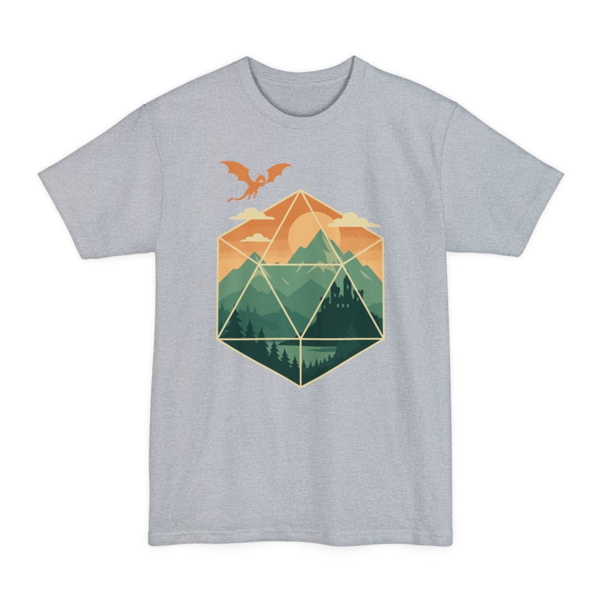 The same D20 mountain landscape, green design, on a light steel tall t-shirt.