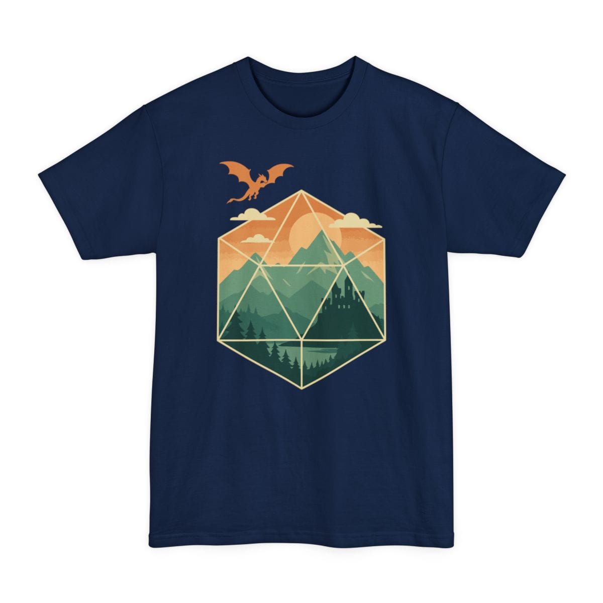 The same D20 mountain landscape, green design, on a navy tall t-shirt.