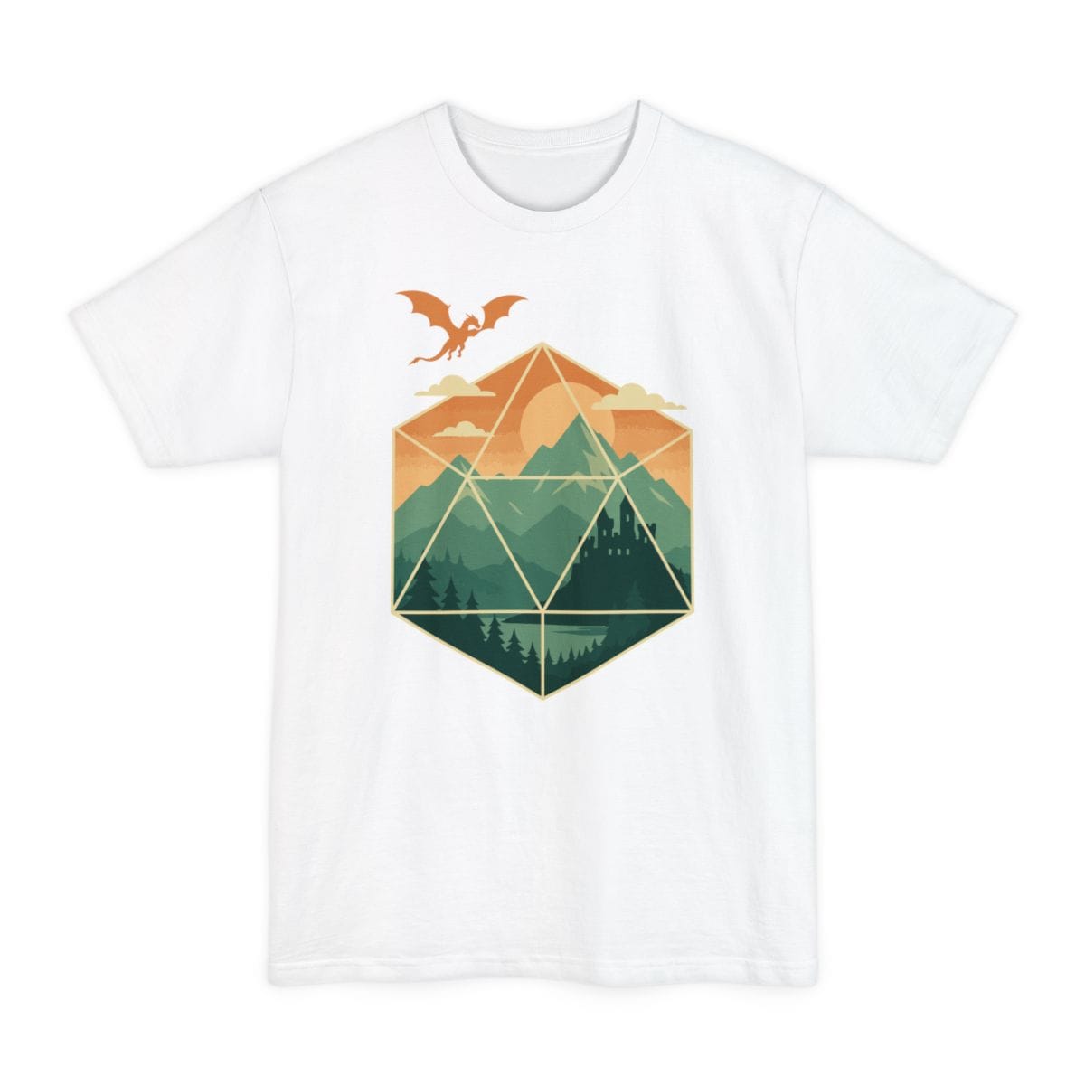The same D20 mountain landscape, green design, on a white tall t-shirt.