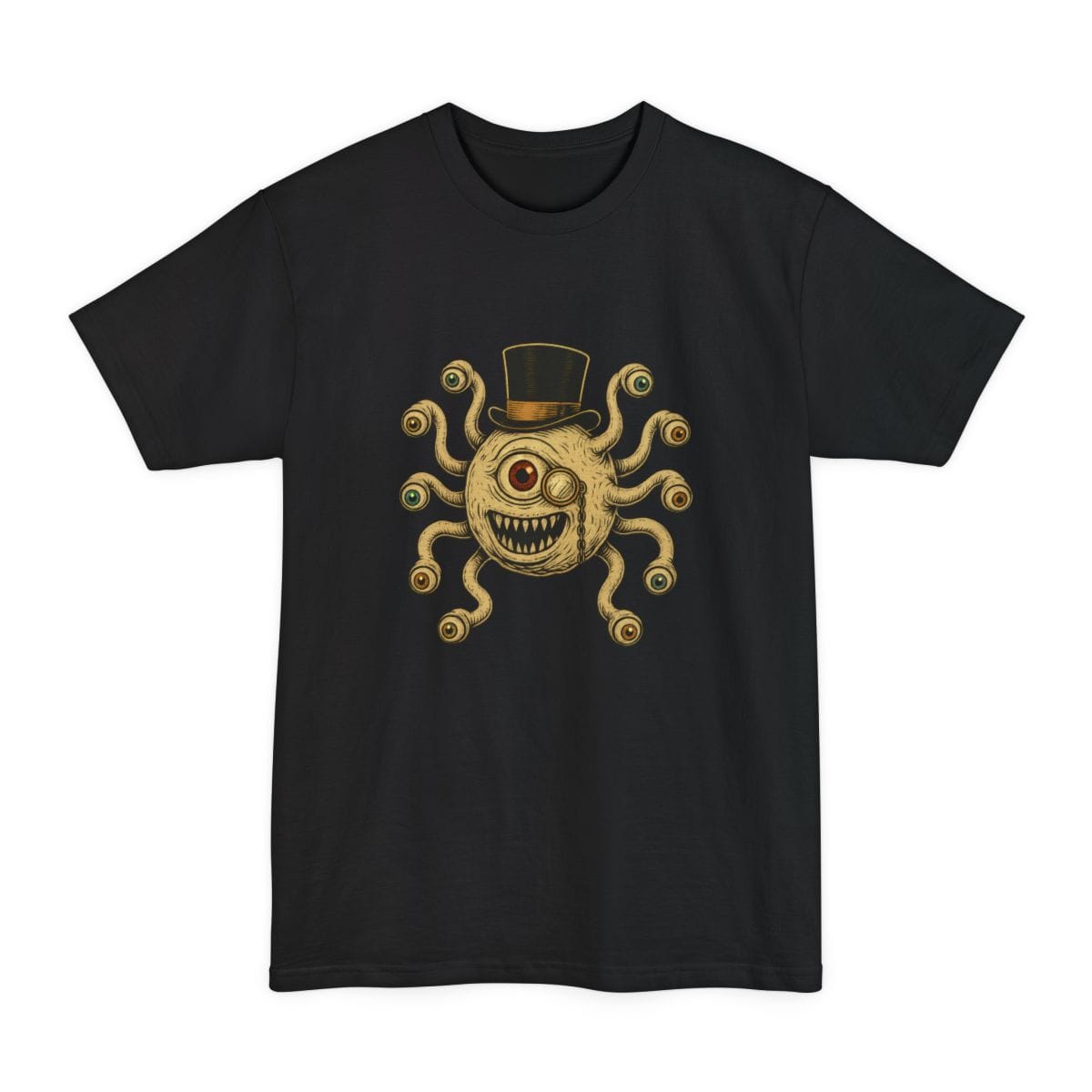 Black tall t-shirt. A beholder, a floating ball of a monster, faces forward with one huge red central eye, a wide grin full of pointed teeth, and ten eyestalks curling out around it. It wears a black top hat. Drawn in fine engraved lines in cream, gold and black.