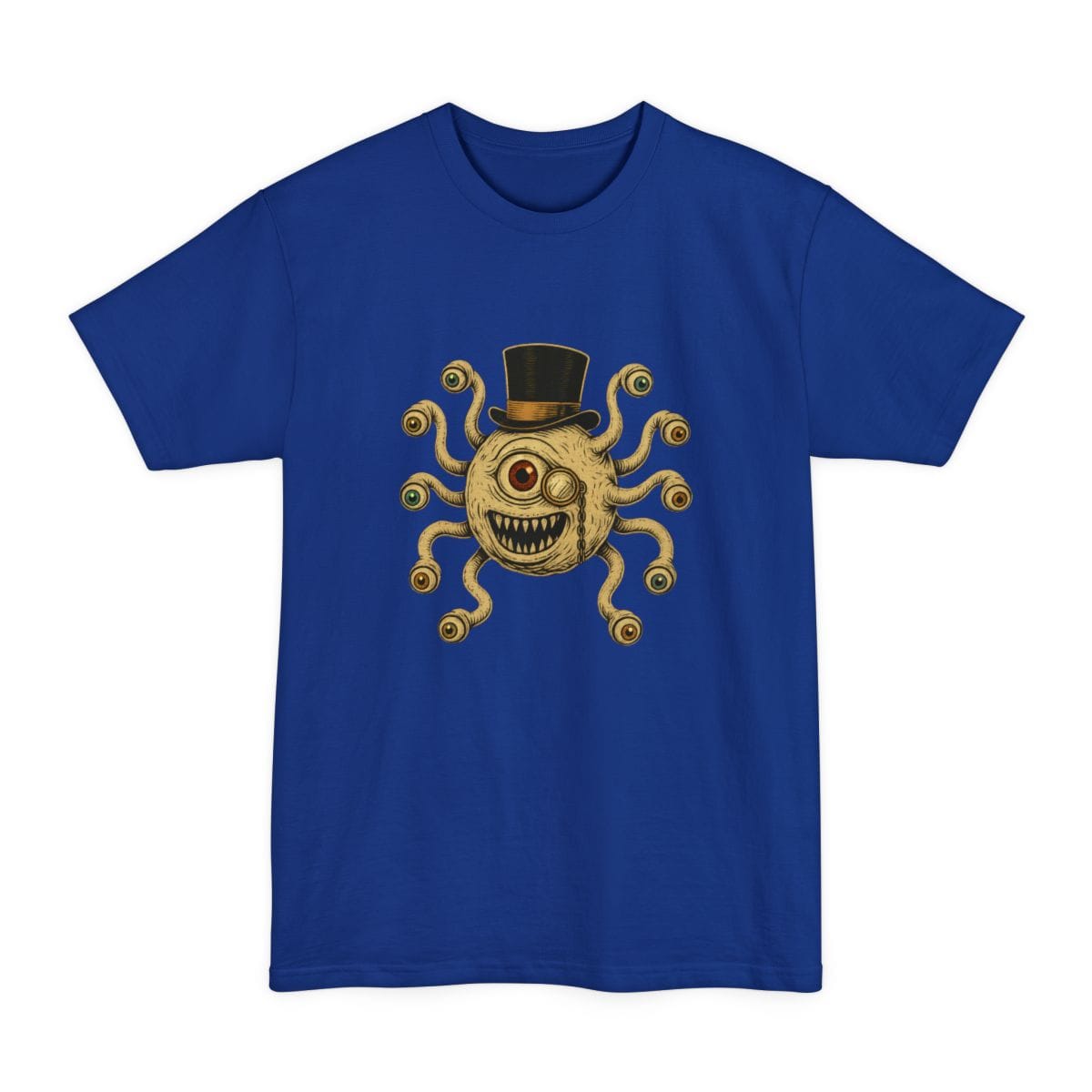 The same Dapper Beholder design, on a deep royal tall t-shirt.