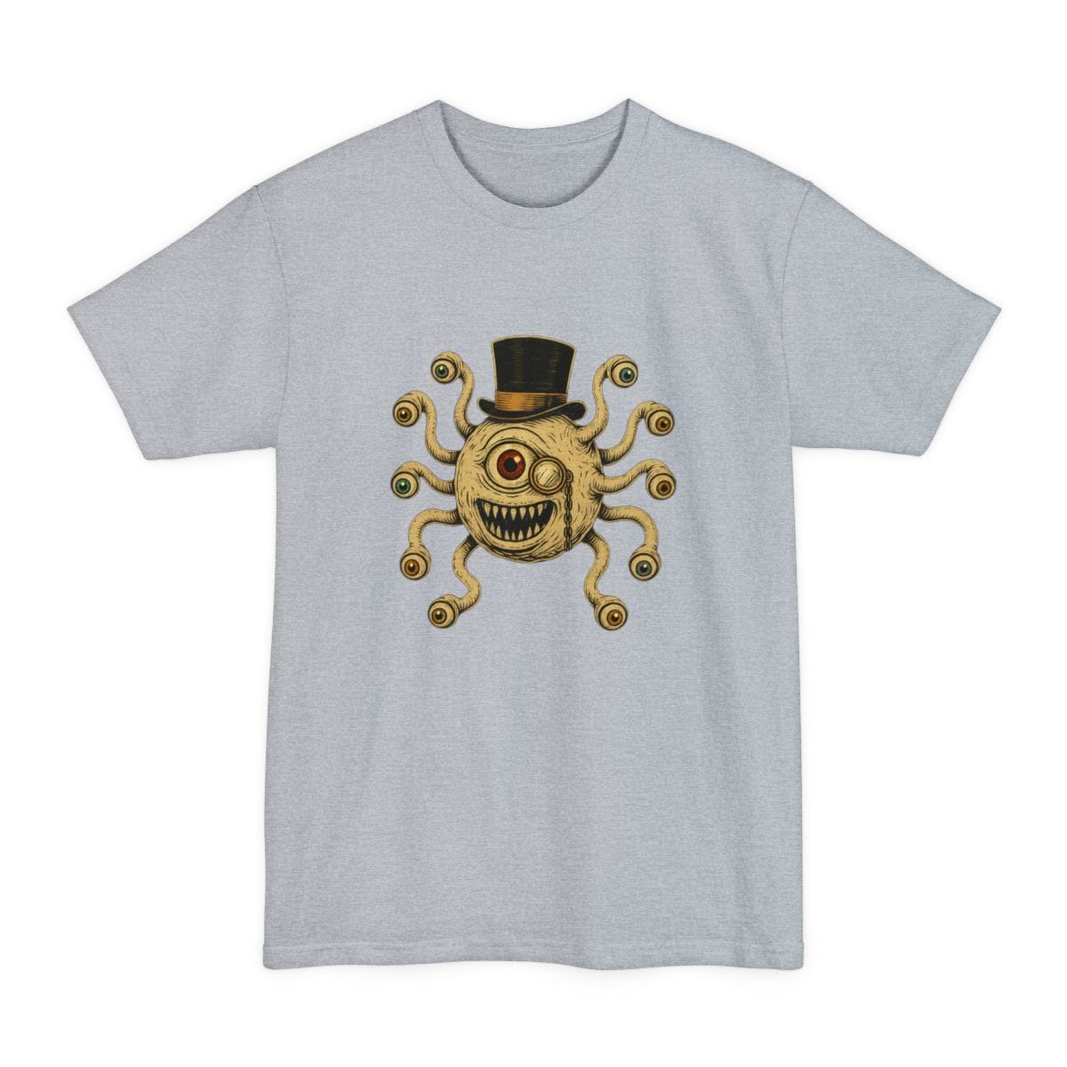 The same Dapper Beholder design, on a light steel tall t-shirt.