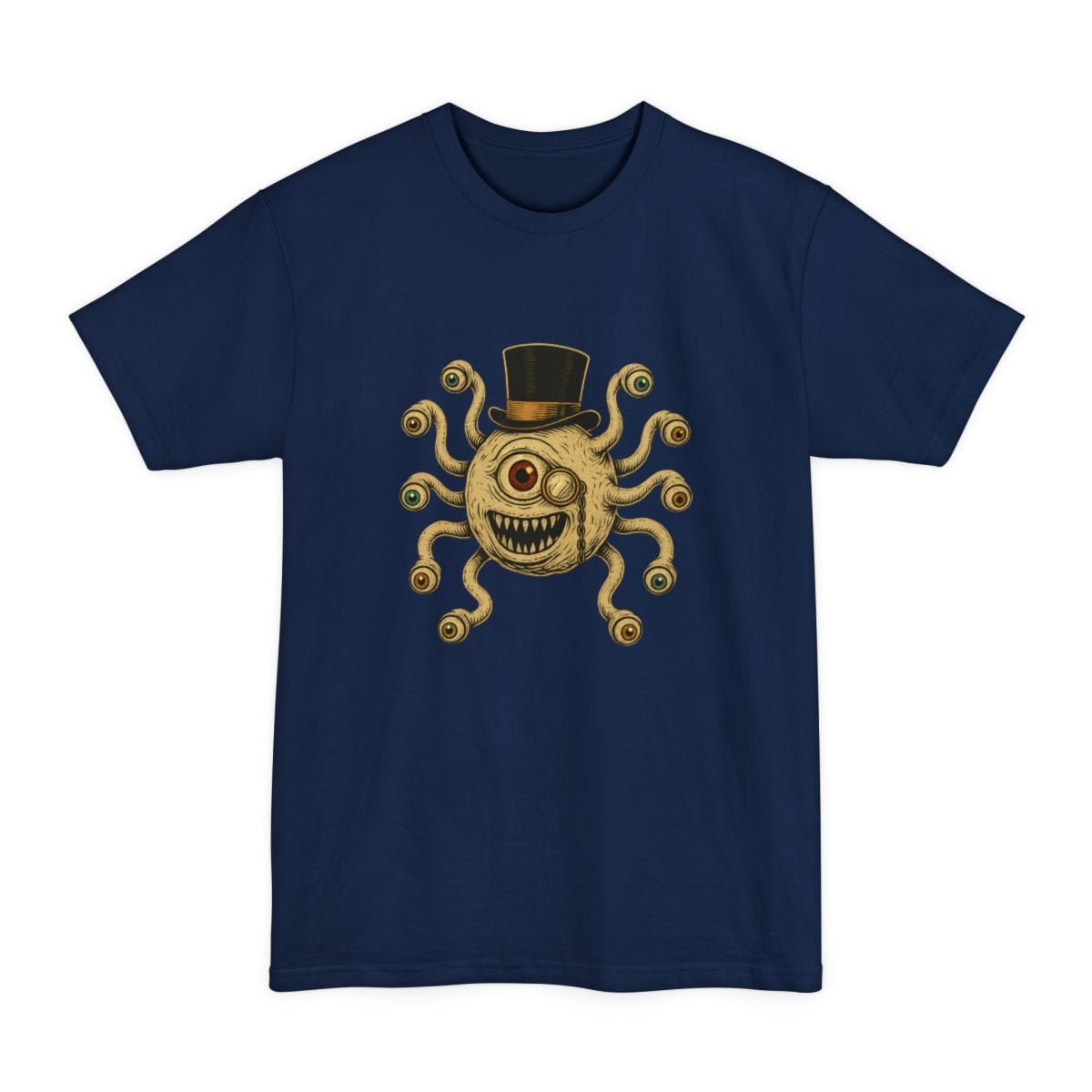 The same Dapper Beholder design, on a navy tall t-shirt.
