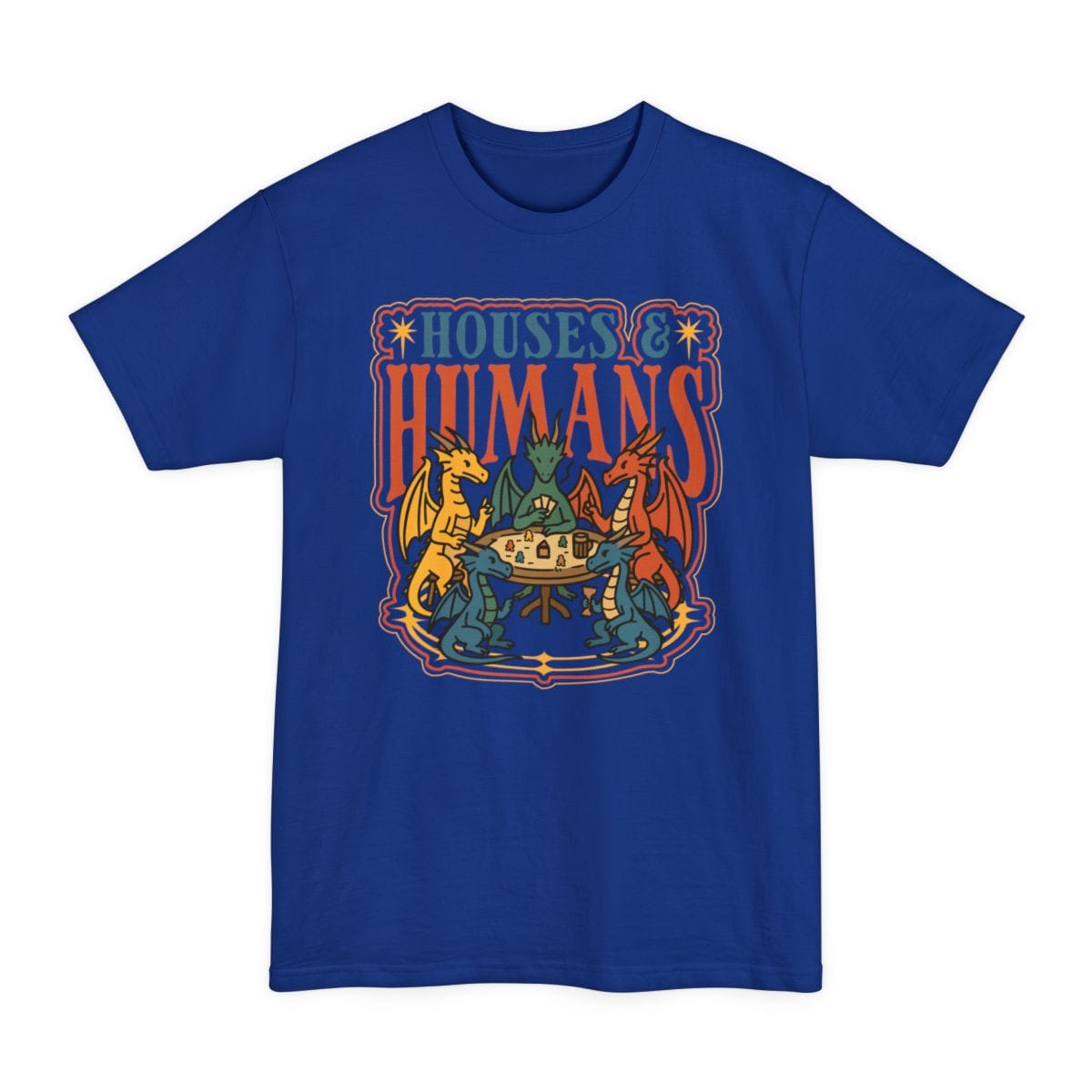 The same Houses and Humans dragons at game night design, on a deep royal tall t-shirt.